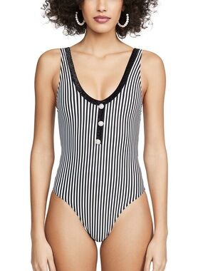 Leslie Amon Rita Embellished Stripe One Piece Black White Swimsuit NEW Large